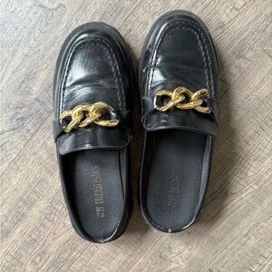 Black Leather Loafers with Gold Chain